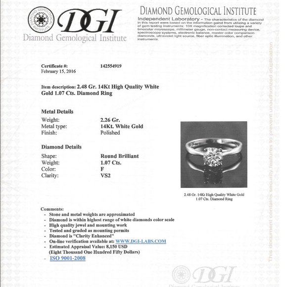 Diamond Solitaire Engagement Ring 1 Carat Round F/VS2 Solid 14k White Gold - Picture 3 of 5